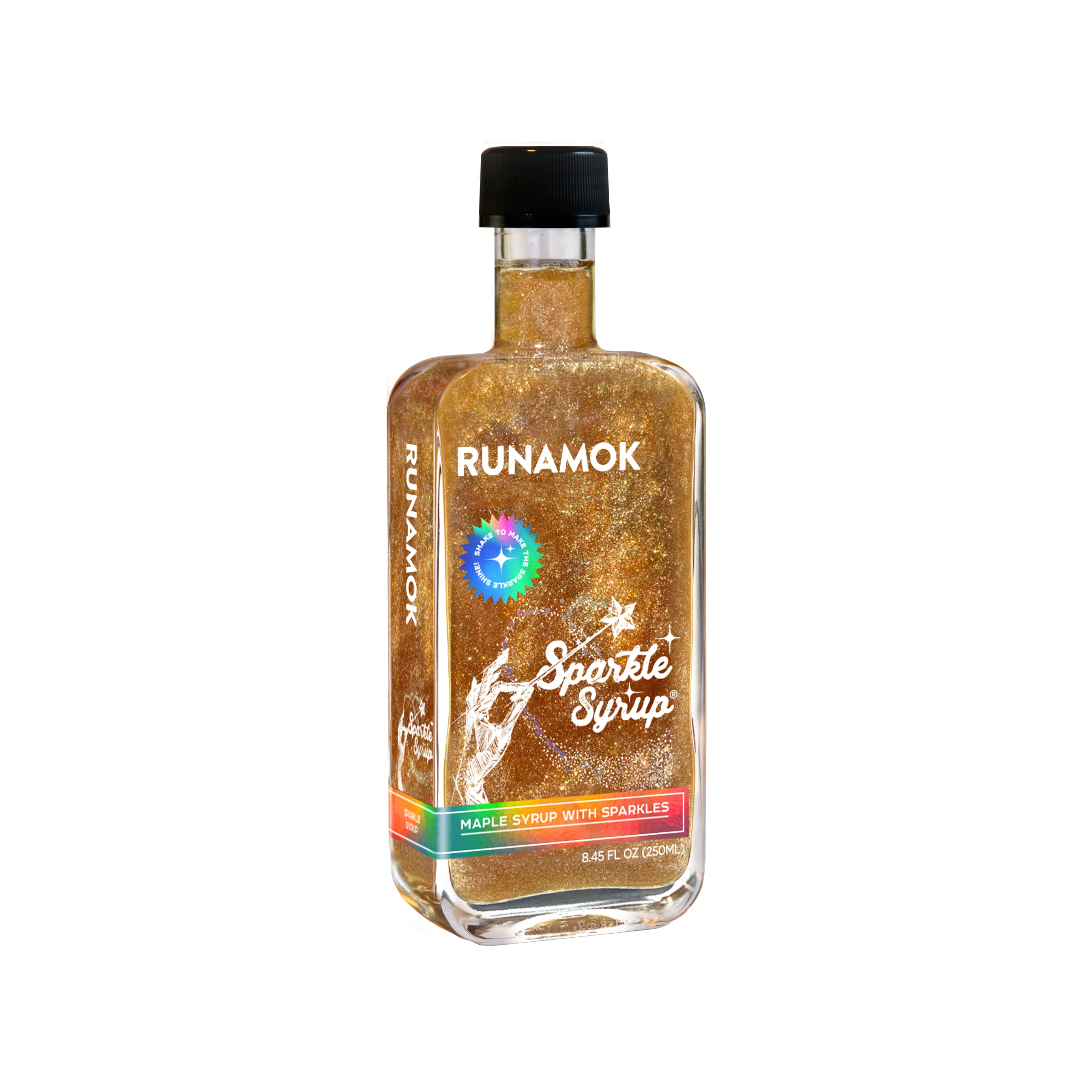A clear bottle of Runamok Sparkle Syrup, pure maple syrup with edible sparkles, has a colorful label and black cap, set against a white background.