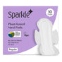 A 10-count box of Sparkle Maxi Pads with Wings features purple and white packaging and is USDA certified biobased, hypoallergenic, vegan, and free from chlorine bleach, fragrances, and dyes.