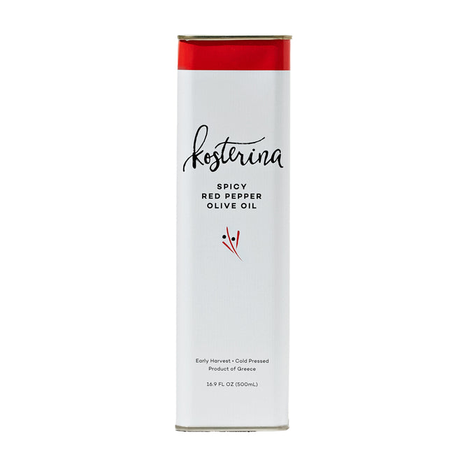 A rectangular white tin of Kosterina Spicy Red Pepper Olive Oil with a red top, minimalist black text, and a small red pepper on the front. Contains no added sugars and comes in a 16.9 fl oz (500 ml) size.