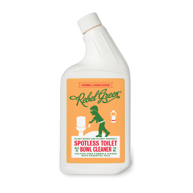 A white bottle of Rebel Green Toilet Bowl Cleaner with an orange label features green text and a person cleaning a toilet. This plant-based cleaner emphasizes eco-conscious ingredients.