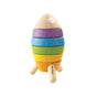 The PlanToys Wooden Sorting and Stacking Rocket features colorful purple, blue, green, yellow, and orange rings with three natural wood legs and a light wood tip—ideal for building fine motor skills and sparking imaginative play.