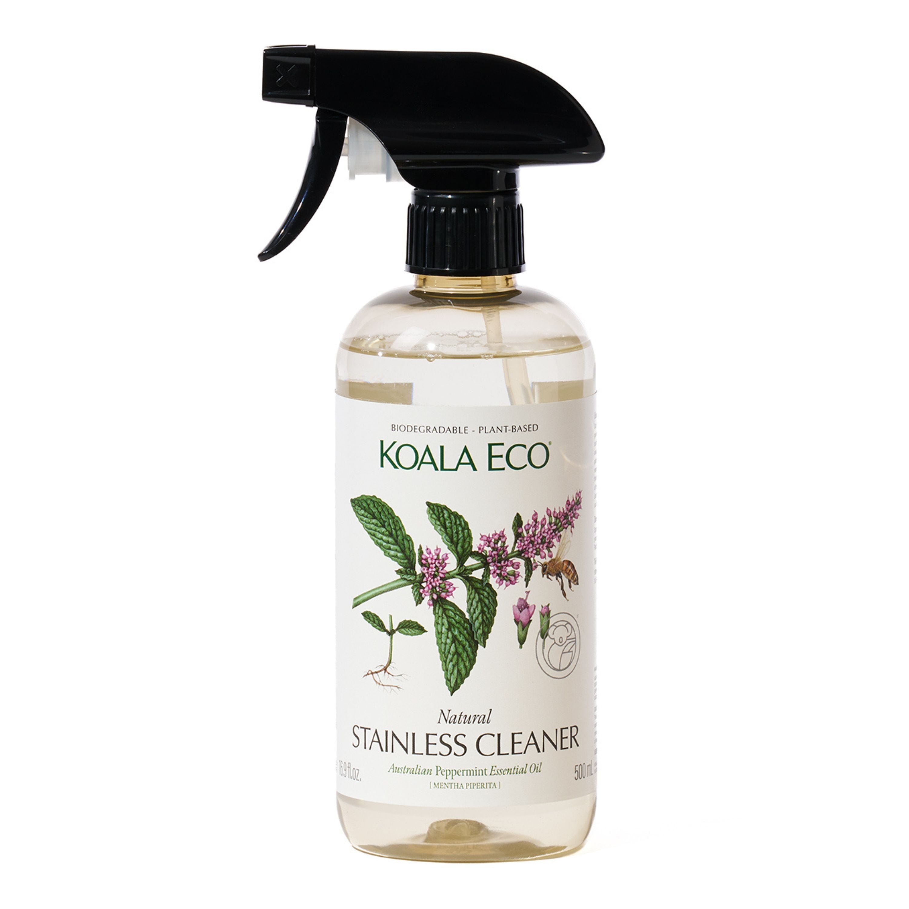 A clear spray bottle labeled Koala Eco Natural Stainless Cleaner with a black trigger nozzle. The label shows mint leaves, pink flowers, and a bee, indicating the use of Australian peppermint essential oil.