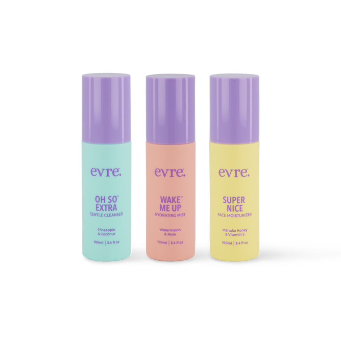 The evre. Starter Set features three colorful skincare bottles: blue Pineapple Face Cleanser (OH SO EXTRA), orange Watermelon Rose Face Mist (WAKE ME UP), and yellow Manuka Honey Face Moisturiser (SUPER NICE).