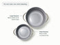 Top view of Caraway’s Steamer Duo—two gray stainless steel steamers with handles, sized for Dutch ovens and saucepans. Text above: For non-toxic, non-stick steaming.