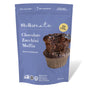 A blue bag of Stellar Eats Chocolate Zucchini Muffin Mix shows a chocolate muffin and highlights almond flour, paleo-friendly status, 40% less sugar, and being gluten, dairy, and grain free.