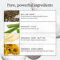 A table titled Pure, powerful ingredients lists willow bark, organic aloe, organic shea butter, and organic sunflower—essential to Ursa Major’s Stellar Shave Cream—plus photos and brief details on their skin-soothing and moisturizing benefits.