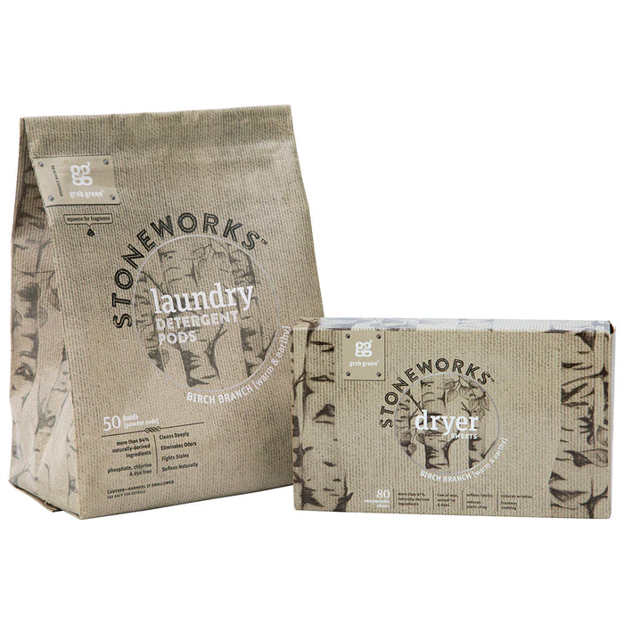 Two Grove Collaborative Stoneworks Birch Branch packages—laundry pods and dryer sheets—in eco-friendly brown packaging are displayed on a white background.