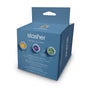 A blue Stasher box displays three small, 2.5-inch Reusable Stretch Lids, showing their durable silicone, stretchable seal, and airtight food storage—an eco-friendly option versus traditional stretch lids or food covers.