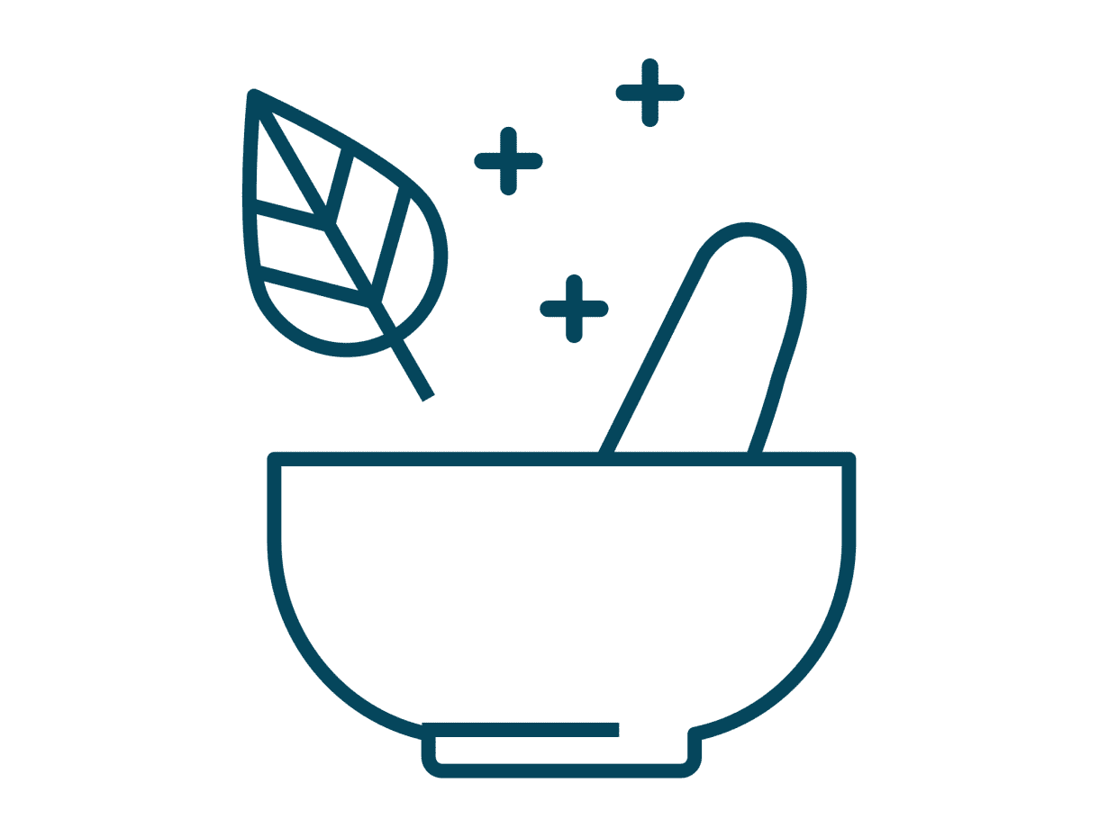 Line drawing of a mortar and pestle with a leaf and sparkles above it, symbolizing natural or herbal medicine, healing, or organic wellness products.