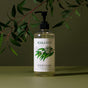 A clear pump bottle of Koala Eco Natural Hand Wash featuring a botanical design rests on a green surface, with leafy branches and an olive-green backdrop in the background.
