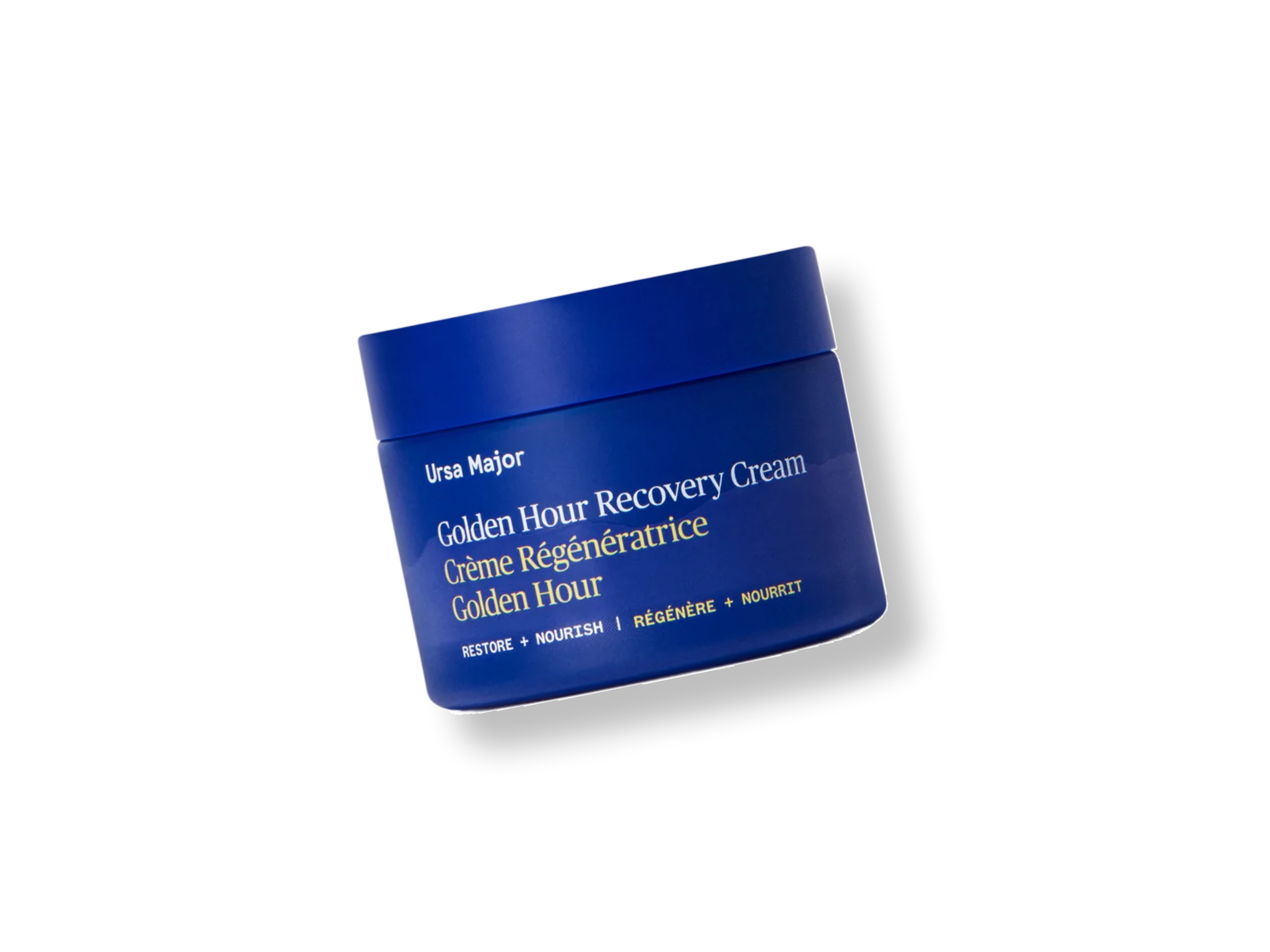A blue jar of Ursa Major Golden Hour Recovery Cream with yellow and white text on the label, set against a plain white background.