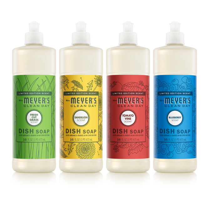 Mrs. Meyer’s Summer Dish Soap Collection features four vibrant bottles in scents like Fresh Cut Grass, Dandelion, Tomato Vine, and Blueberry—perfect for a fresh kitchen experience.