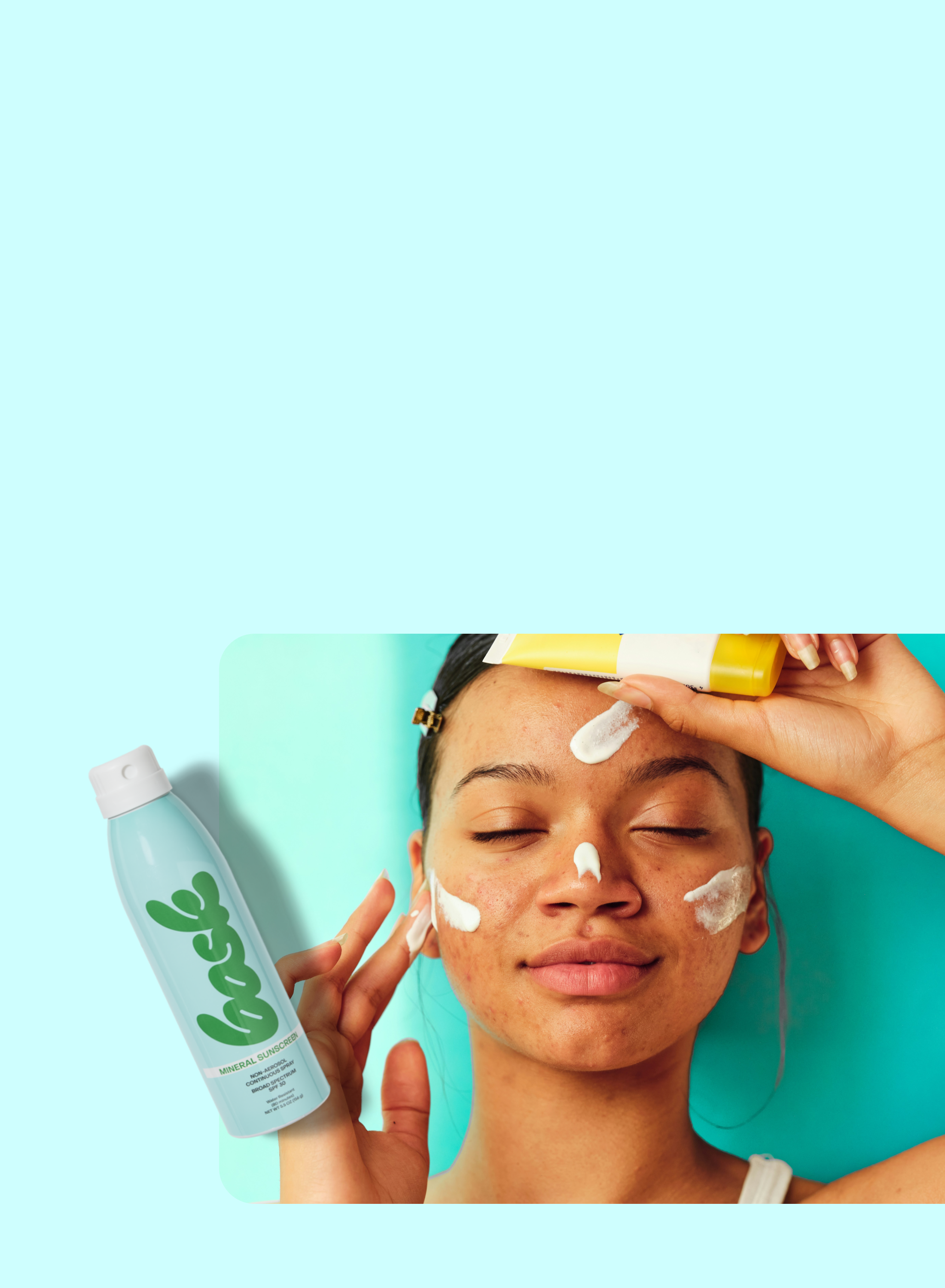 A woman applies white cream to her face and holds a yellow facial tool to her forehead. A blue bottle labeled back is shown in the foreground against a light blue background.