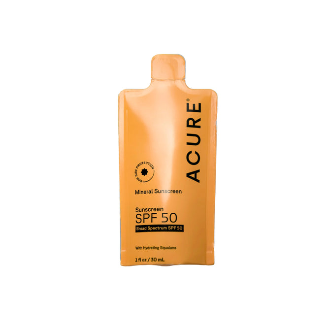 A packet of Acure Mineral Sunscreen SPF 50 - $7.99 Value, 1 fl oz (30 mL), featuring broad spectrum protection and hydrating squalane, displayed on a white background.