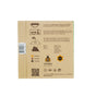 Brown cardboard packaging with black illustrations and text introduces SuperBee’s Beeswax Wrap Beeginner Set, an eco-friendly food storage option. It details three wraps, usage tips, benefits, and features organic and plastic-free certification logos.