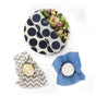 SuperBee’s Beeswax Wrap Beeginner Set features reusable wraps in stylish patterns, shown partially covering bowls of salad, half a lemon, and an onion for eco-friendly food storage.