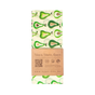 SuperBee Essentials Beeswax Wraps (set of 5) feature a green pear pattern, folded and wrapped in a brown kraft paper band with product info, icons, and QR code. Perfect for plastic-free food storage on a white background.