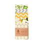Five vibrant reusable food wraps by SuperBee, stacked vertically with geometric, zigzag, and fruit patterns. A brown label reads: Essentials Beeswax Wraps, 5 Wax Wraps—ideal for plastic-free food storage.