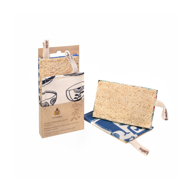 SuperBee’s Kitchen Loofah Dish Sponges feature natural loofah sides and blue patterned fabric bases; one sponge is boxed, the other upright to display its textured surface and fabric tag—an eco-friendly, reusable kitchen solution.