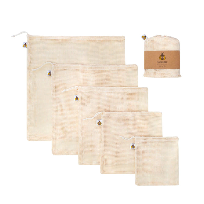 SuperBee Mesh Produce Bags: five beige cotton drawstring bags in graduated sizes and one rolled, labeled bag on a white background. Perfect eco-friendly solution for carrying fresh produce.
