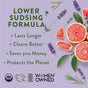 A promo image for Rebel Green Ultra Clean Dish Soap features text: “Lower Sudsing Formula: Lasts Longer, Cleans Better, Saves You Money, Protects the Planet” with lavender sprigs, grapefruit slices, essential oil accents & certification logos below.