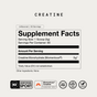 Supplement facts label for Momentous Creatine, Unflavored, showing a 5-gram serving size, 90 servings per container, and certifications for NSF Certified for Sport, GMO-free, gluten-free, and vegan status for strength and recovery.
