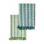 The Supra Endura Striped Organic Cotton Tea Towel Set features two textured, woven towels: one light green with dark green stripes, and one teal with lighter green and white stripes, both neatly folded with fringed ends.