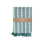 A folded teal and white Striped Organic Cotton Tea Towel Set by Supra Endura with fringe, wrapped in a brown paper label reading "Organic Cotton Tea Towels.