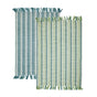The Striped Organic Cotton Tea Towel Set by Supra Endura features two rectangular woven towels with vintage-inspired blue, green, white, and teal stripes and fringe, reminiscent of classic kitchen towel designs.
