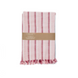 A folded Supra Endura Striped Organic Cotton Tea Towel from the set, pink and white with short fringe, is wrapped in a brown paper band displaying product details.