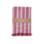 A folded red and white striped organic cotton tea towel with fringed edges, wrapped in a brown paper band labeled Supra Endura Striped Organic Cotton Tea Towel Set.