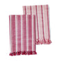 The Supra Endura Striped Organic Cotton Tea Towel Set features two red and white vintage-inspired towels with fringed edges, each showcasing textured stripes in varying shades of red for a charming, classic look.