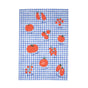 Supra Enduras Tomato Print Organic Cotton Kitchen Towel showcases vibrant red tomatoes with green stems, labeled Cherry and Beefsteak, on a blue and white checkered pattern. Made from GOTS organic cotton, it brings an artful touch of organic style to your kitchen.