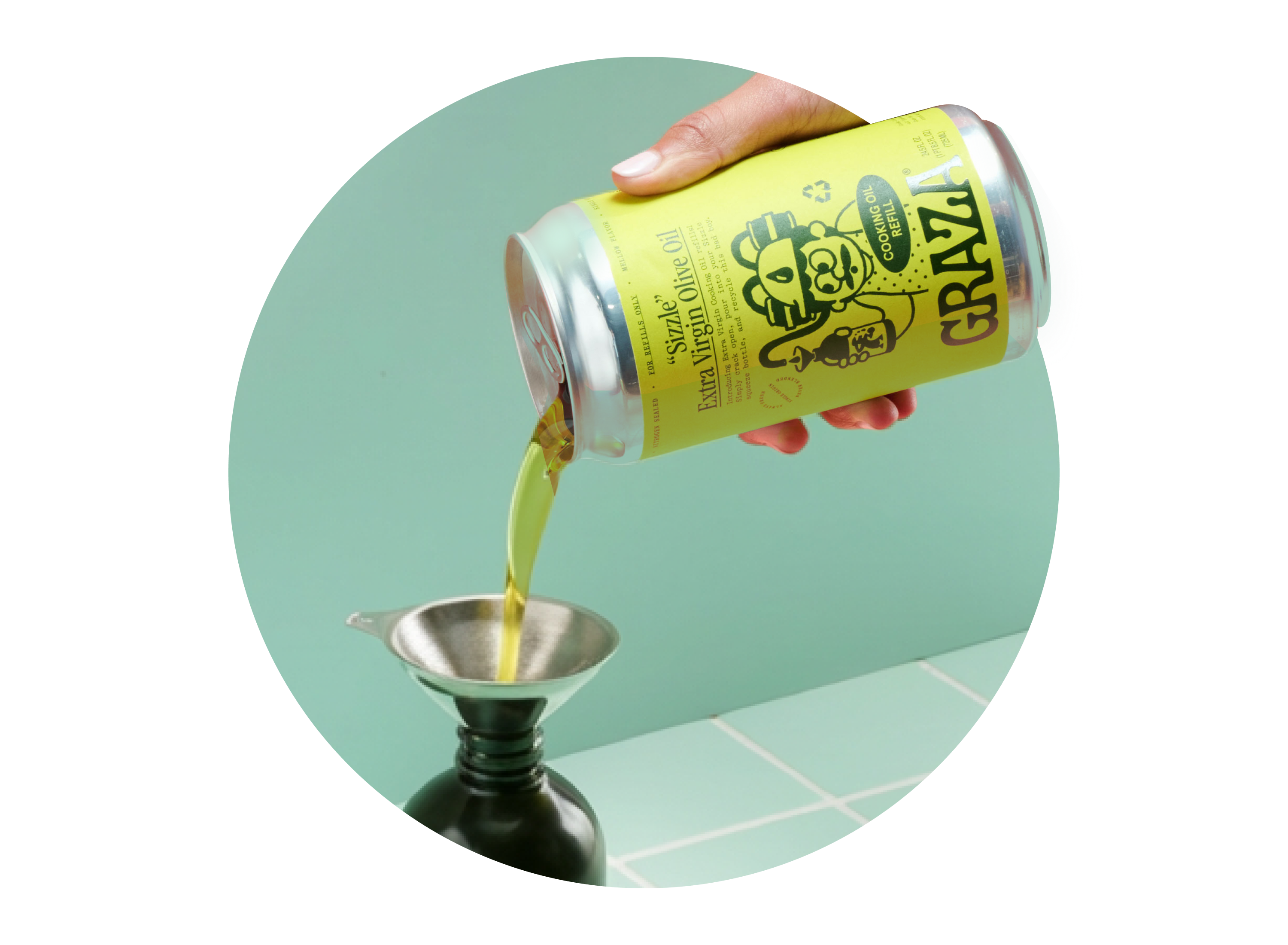 A hand pours olive oil from a yellow can labeled Crazy through a small metal funnel into a dark bottle, against a mint green background.