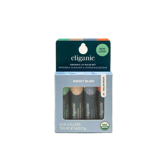 A box of Cliganic Organic Lip Balm Set – Sweet Bliss, featuring four cruelty-free and USDA Organic lip balms, is packaged in green and blue colors.