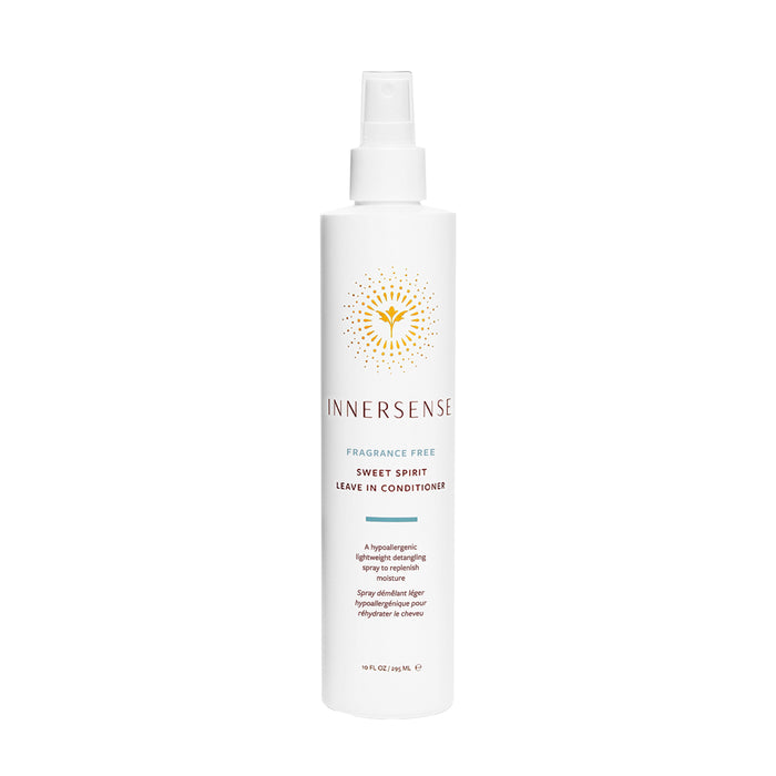 Packaged in a white spray bottle, Innersense Organic Beauty's Fragrance Free Sweet Spirit Leave In Conditioner delivers essential moisture to your hair without added fragrance.