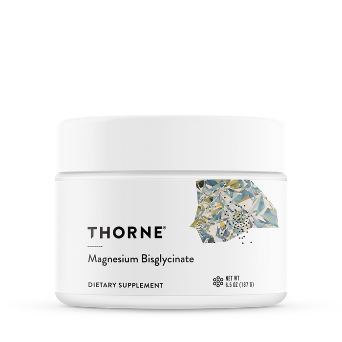 A 6.6 oz (187 g) container of Thorne Magnesium Bisglycinate supplement in a white bottle features a modern abstract design with blue, green, and gray shades; designed to address magnesium deficiency.