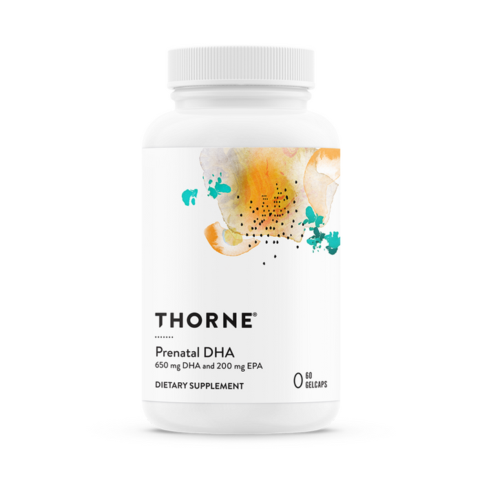 The Prenatal DHA by Thorne comes in a white bottle with an abstract orange and green watercolor design. It contains 60 gelcaps, providing 650 mg of prenatal DHA and 200 mg EPA, both essential omega-3s. The label includes dietary supplement text.