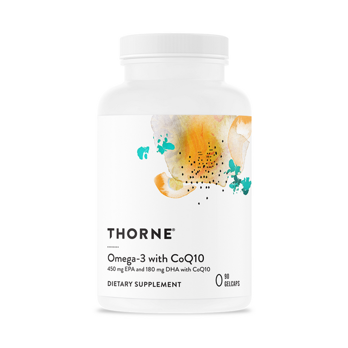 A white bottle labeled Omega-3 with CoQ10 by Thorne features an abstract orange and teal design. It highlights 450 mg EPA and 180 mg DHA for cardiovascular health and contains 90 gelcaps.