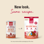 Two packages of The Honest Kitchen Instant Beef Dog Bone Broth with Turmeric for dogs are side by side: the old canister on the left, new pouch on the right. Text reads “New look. Same recipe.” — your favorite topper in a fresh package.