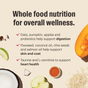 A graphic titled Whole food nutrition for overall wellness shows oats, pumpkin, apples, whole food clusters, probiotics, and more—plus their benefits—with images of The Honest Kitchen Dry Dog Food, Grain Free Beef Whole Food Clusters.