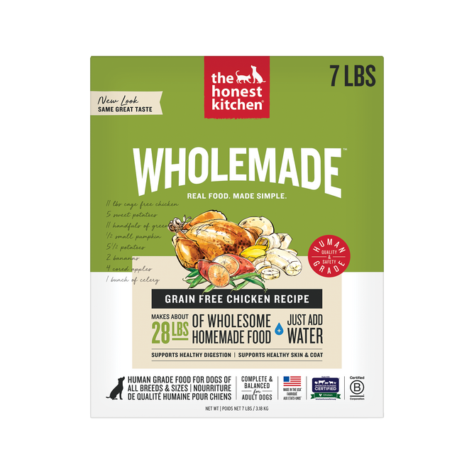 A 7 lb box of The Honest Kitchen Wholemade™ Grain Free Chicken Dog Food, with vibrant ingredient art and details. The label shows it makes 28 lbs of human grade food for dogs—just add water.