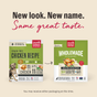 Two pet food packages side by side: one labeled “The Honest Kitchen Wholemade™ Grain Free Chicken Dog Food,” the other with a dog illustration. Text above says, “New look. New name. Same great taste.”.