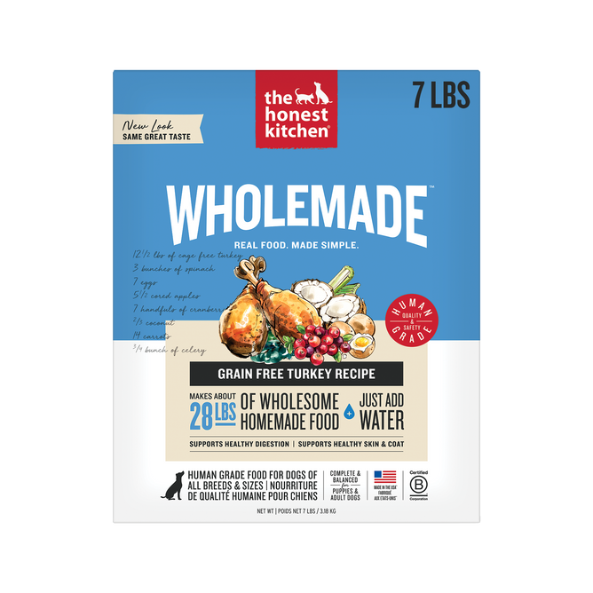 A 7 lb box of The Honest Kitchen Wholemade™ Grain Free Turkey Dog Food, with turkey and vegetables pictured on the front, features human grade ingredients, easy prep, and healthy nutrition for your dog.