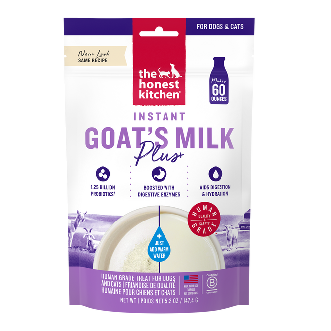 A package of The Honest Kitchen Instant Goat's Milk Plus for dogs and cats, in purple and white, with probiotics for pets and a bowl of goat’s milk pictured on the front.