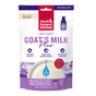 A package of The Honest Kitchen Instant Goat's Milk Plus for dogs and cats, in purple and white, with probiotics for pets and a bowl of goat’s milk pictured on the front.