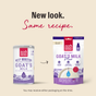 Two packages of The Honest Kitchen Instant Goat's Milk Plus for pets are shown side by side to highlight new packaging. Left: old design; right: updated look with text, 