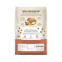 Back of The Honest Kitchen’s Dry Dog Food, Whole Grain Beef & Oat Whole Food Clusters bag, showing ranch raised beef, salmon, carrots, greens illustrations, nutrition and benefits info for whole food clusters, plus a feeding guide at the bottom.