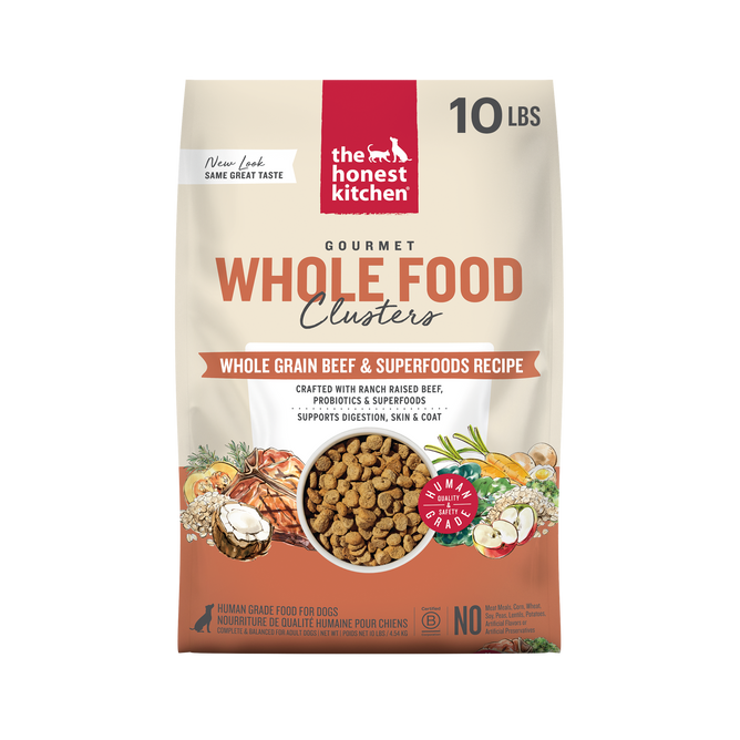 A 10 lb bag of The Honest Kitchen Dry Dog Food, Whole Grain Beef & Oat Whole Food Clusters, features ranch raised beef, probiotics for digestive and skin health, and images of beef, oats, and vegetables on the front.