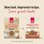 Two packages of The Honest Kitchen Dry Dog Food, Whole Grain Beef & Oat Whole Food Clusters, are shown side by side in old and new packaging. Text above reads: "New look. Improved recipe. Same great taste." An arrow highlights the change.